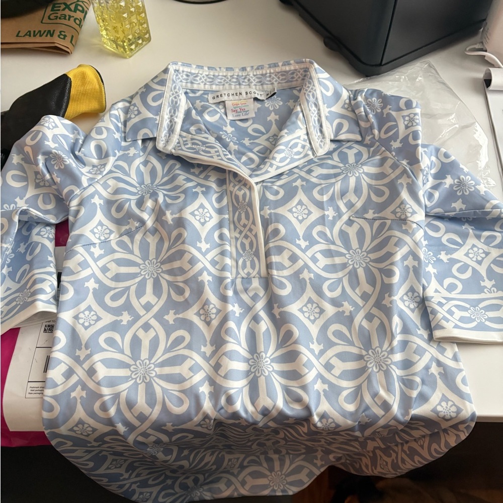 Gretchen Scott Designs Blue and White Geometric Blouse